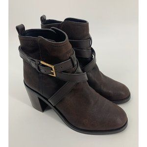 Tory Burch Brown Leather Ankle Boots with Wrap Around Strap and Buckle Size 9M